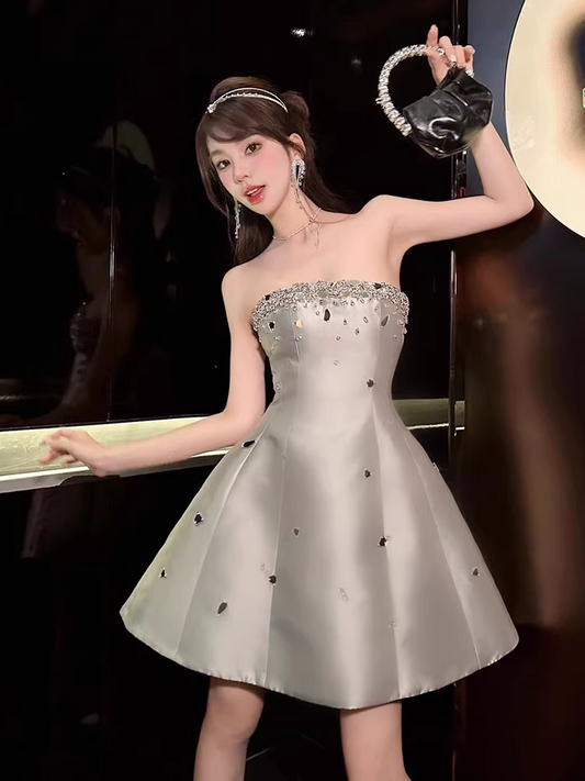 Vintage Silvery Beading Strapless Design A-line Party Dress Homecoming Dress, D1380