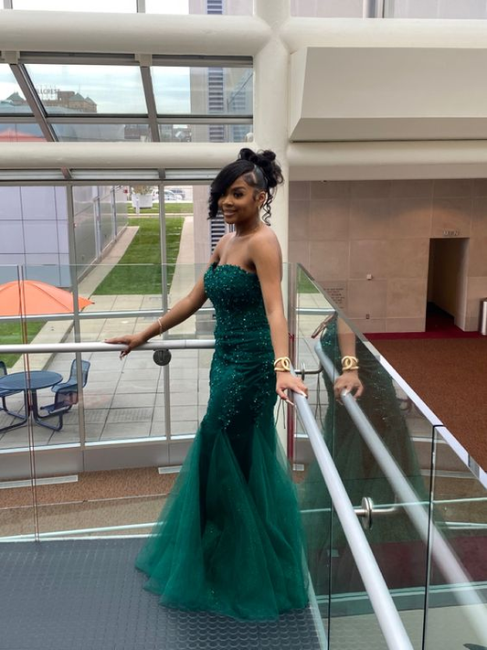 Green Sweetheart Tulle Sequins Mermaid Long Formal Party Dress MD7309