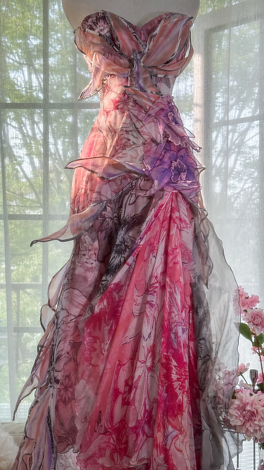 Vintage Floral Sweetheart Strapless Design A-line Romantic Chiffon Evening Dress Prom Dress D1507