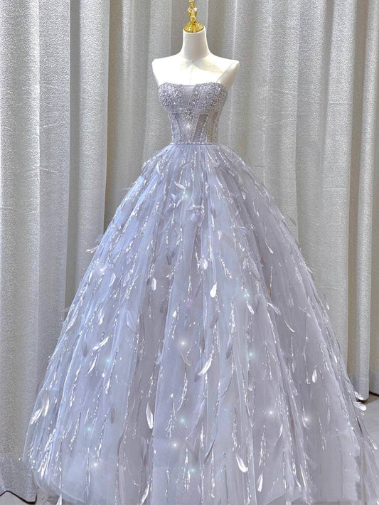 Stunning Strapless A-Line Tulle Long Prom Dress Evening Gown, MD7866