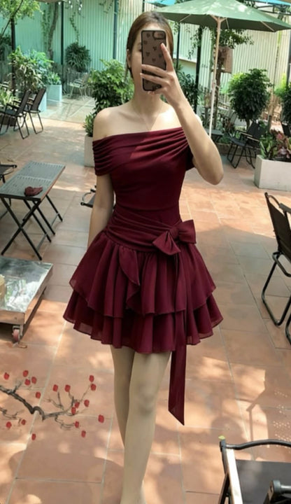 Chic Homecoming Dress V Neck Bowknot Tulle Pleated Back to School Outfits Party Dress D6736