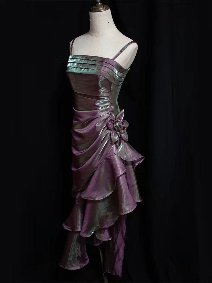 Vintage Spaghetti Straps Sheath Chiffon Ruffled Long Prom Dress MD7643