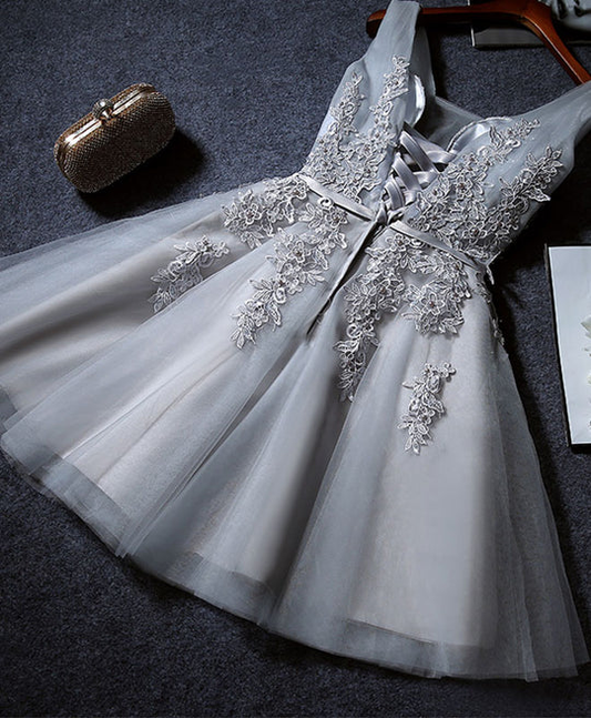 Vintage Gray Applique Design A-line Tulle Party Dress Homecoming Dress D1550