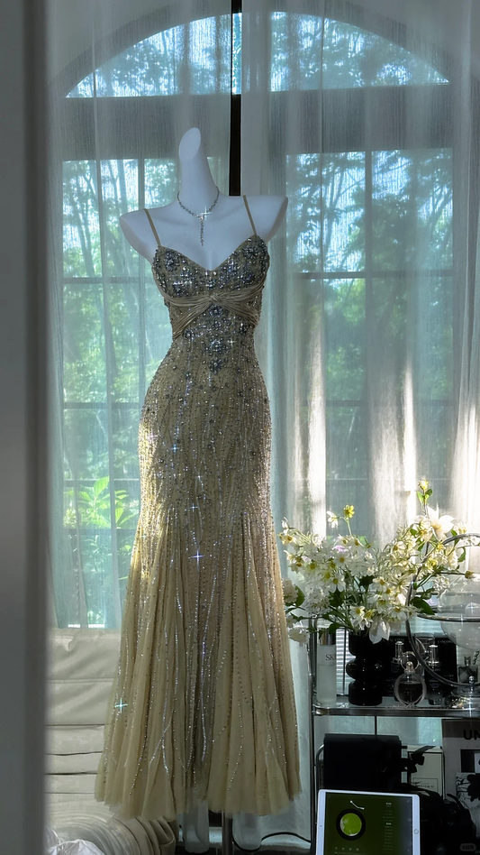 Vintage Shiny Light Green Spaghetti Strap Elegant Design A-line Beaded Romantic Chiffon Evening Dress Prom Dress D1503