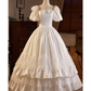 White A-Line Satin Lace Long Wedding Dress with Short Sleeves MD7324