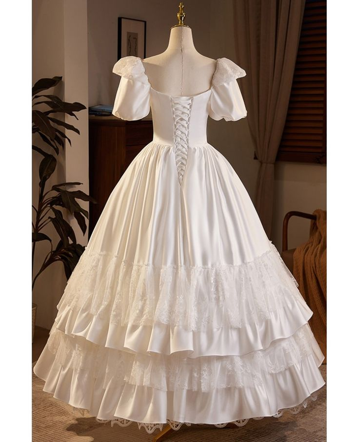 White A-Line Satin Lace Long Wedding Dress with Short Sleeves MD7324