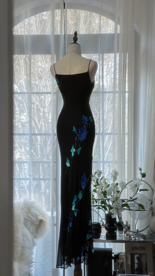 Retro Black Floral Spaghetti Strap Design Romantic Chiffon Evening Dress Prom Dress  D1508