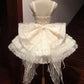 Vintage Beige 3D Flower Bow Design Lace Tulle Tiered Homecoming Dress, D1434