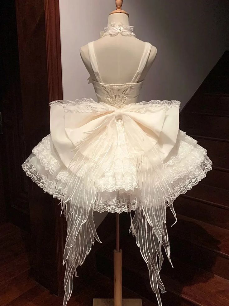 Vintage Beige 3D Flower Bow Design Lace Tulle Tiered Homecoming Dress, D1434