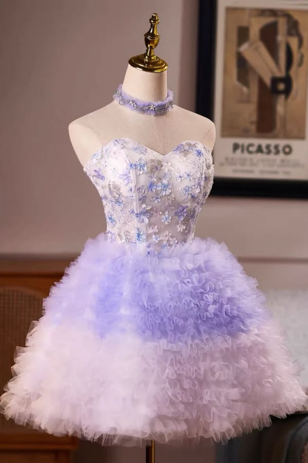 Unique Homecoming Dress Sweetheart Flower Tulle Cascade Back to School Outfits Party Dress D7805