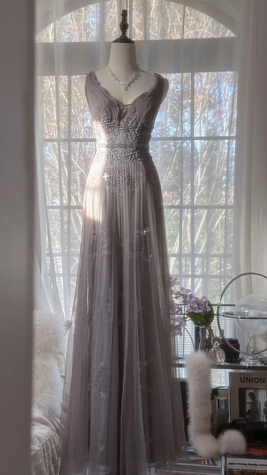 Vintage Light Purple Applique Design Romantic Chiffon Evening Dress Prom Dress D1511