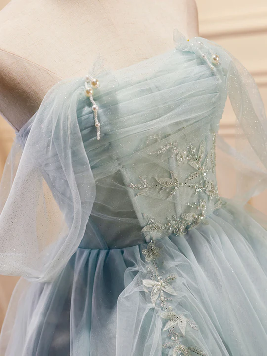 Vintage Light Blue Beaded Off-the-shoulder Design A-line Tulle Party Dress Homecoming Dress D1546