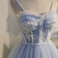 Vintage Light Blue Applique Sweetheart Spaghetti Strap Design A-line Tulle Party Dress Homecoming Dress D1553