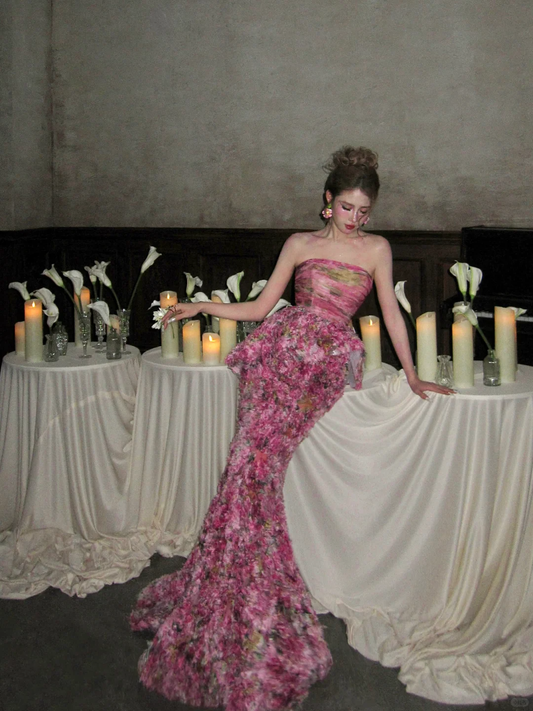 Vintage Pink Floral Strapless Mermaid Design Elegant Prom Dress Evening Dress D1715