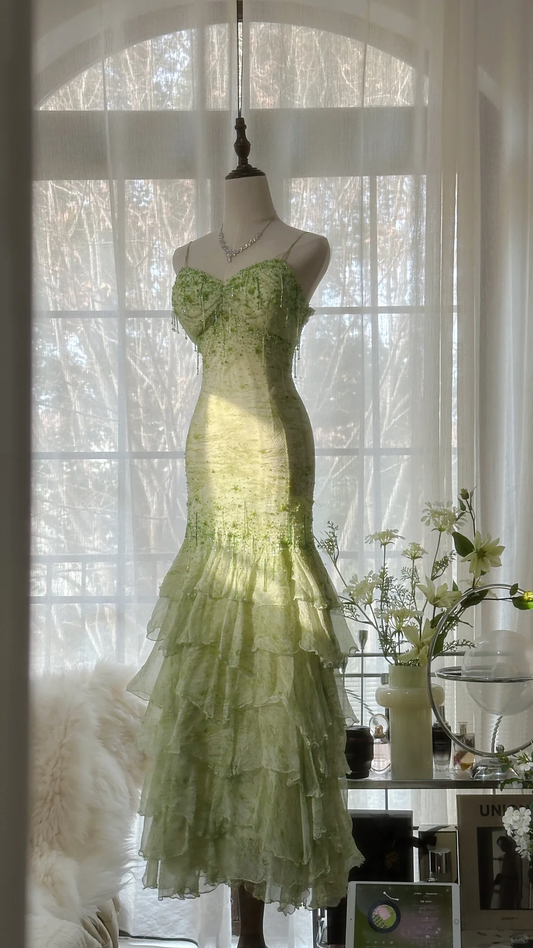 Elegant Green Fairy Mermaid Long Chiffon Spaghetti Strap Evening Dress Prom Dresses D1496