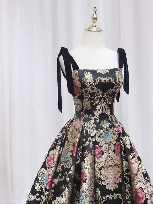 Vintage Floral Applique Spaghetti Strap Design A-line Satin Party Dress Homecoming Dress D1557