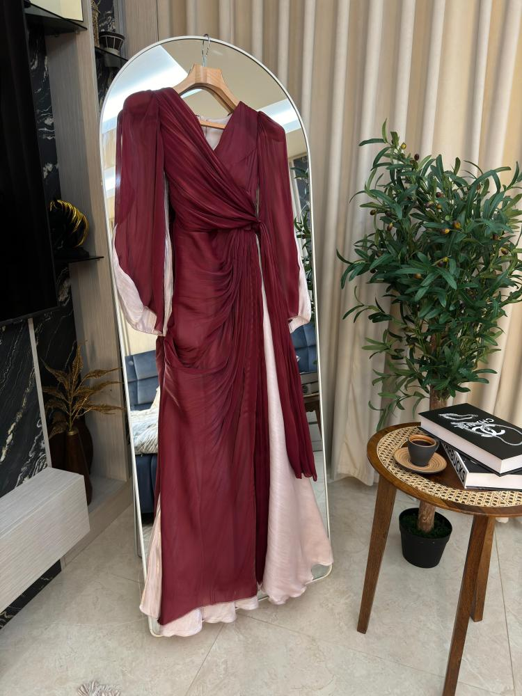 Modest Burgundy Long Sleeves A-Line Chiffon Long Evening Party Dress MD7379