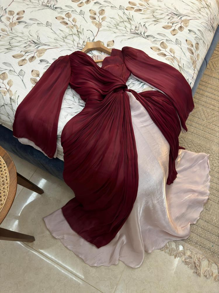 Modest Burgundy Long Sleeves A-Line Chiffon Long Evening Party Dress MD7379
