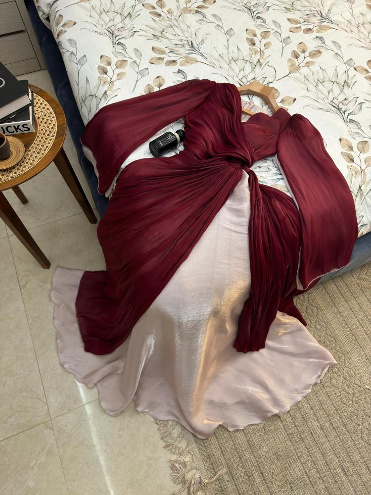 Modest Burgundy Long Sleeves A-Line Chiffon Long Evening Party Dress MD7379