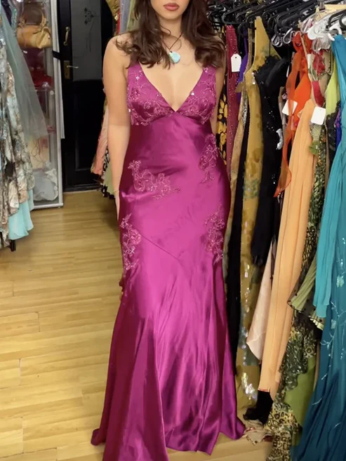 Fuchsia V Neck Sheath Vintage Long Evening Party Dress MD7471