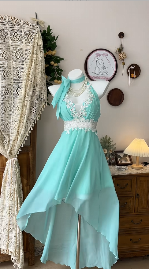 Retro Blue-green Applique Design A-line Chiffon Elegant Homecoming Dress Birthday Dress Party Dress D1653