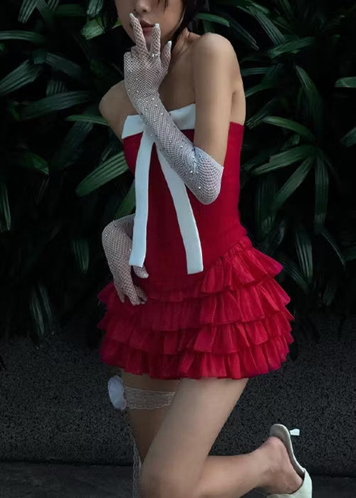 Charming Homecoming Dress Strapless Pleated Bowknot Cascade Two Pieces Back to School Outfits Party Dress  D7389
