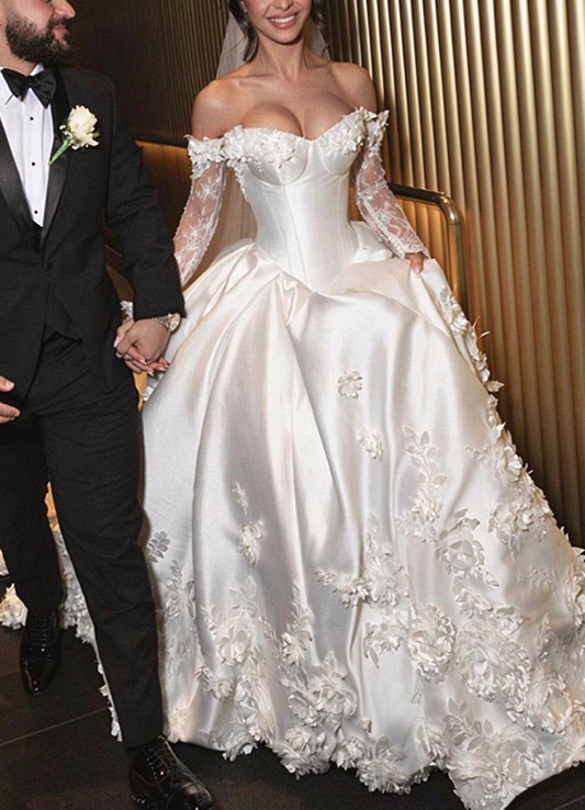 Elegant White Satin Wedding Dress Off-The-Shoulder Ball Gown Lace Appliques Ballroom Wedding Dress L423
