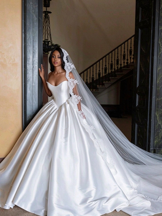 Elegant White Satin Wedding Dress Sweetheart Ball Gown Basque Waist Church Wedding Dress L425