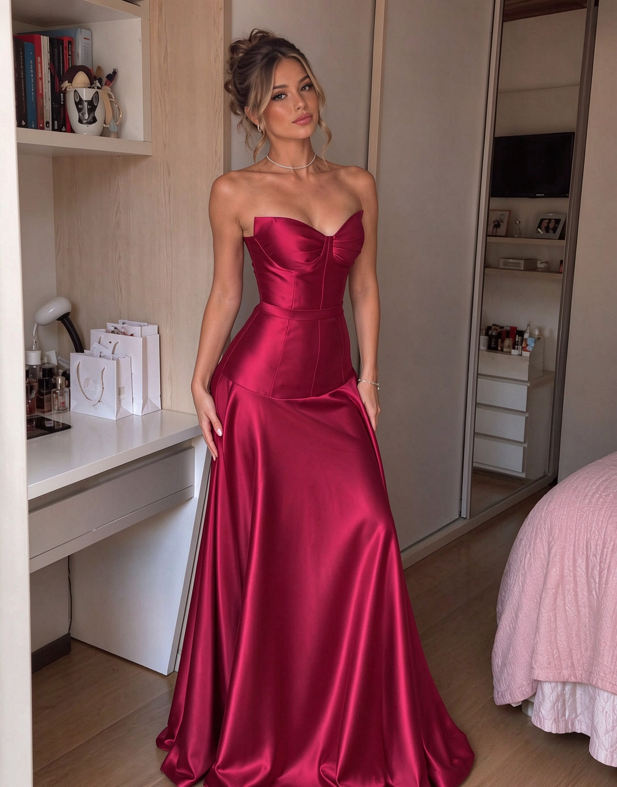 Pretty Hot Pink A-Line Sweetheart Ruched Satin Dress Prom Dress Evening Dress L449