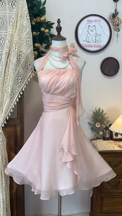 Retro Pink Design Halter Dress A-line Chiffon Elegant Homecoming Dress Birthday Dress Party Dress D1652