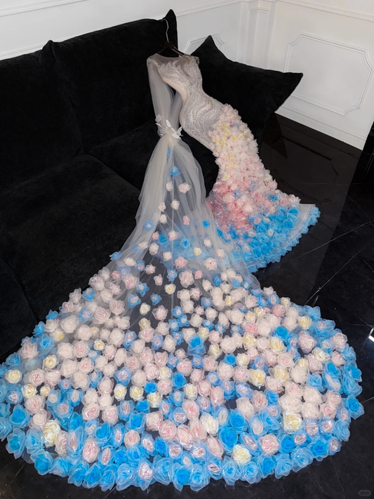 Gorgeous Sparkling Beaded Sequin Mermaid 3D Flowers Design Tulle Evening Dress Prom Dresses D1634