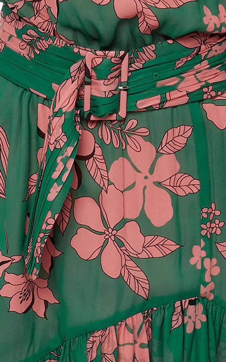 Fashion Green Floral Asymmetric Ruffled Hem Design A-line Party Dress, D1414