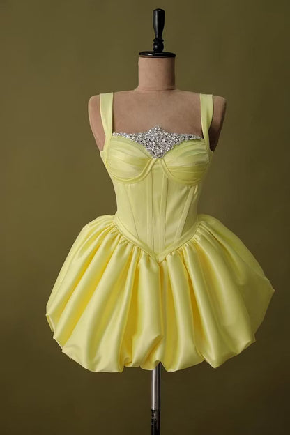 Chic Homecoming Dress Spaghetti Strap Pleated Rinestone Back to School Outfits Party Dress  D7408
