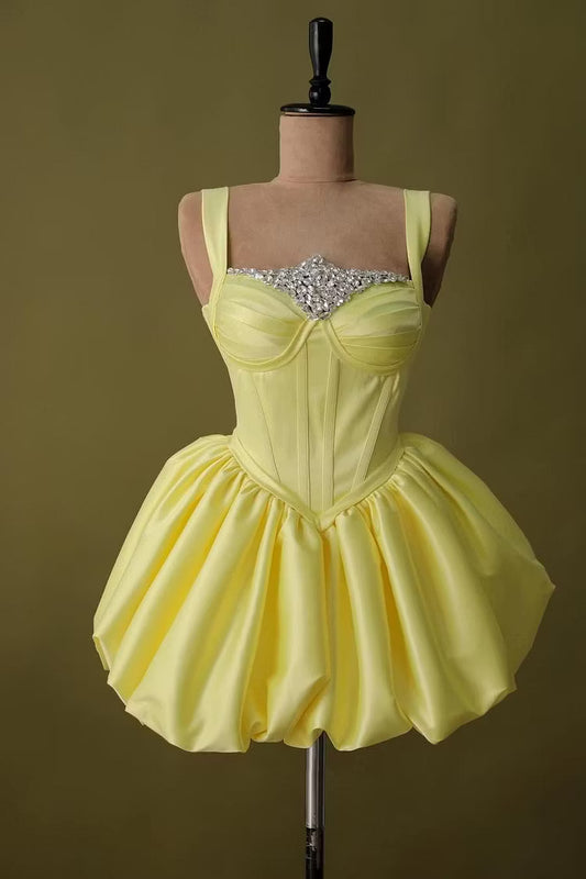 Chic Homecoming Dress Spaghetti Strap Pleated Rinestone Back to School Outfits Party Dress  D7408