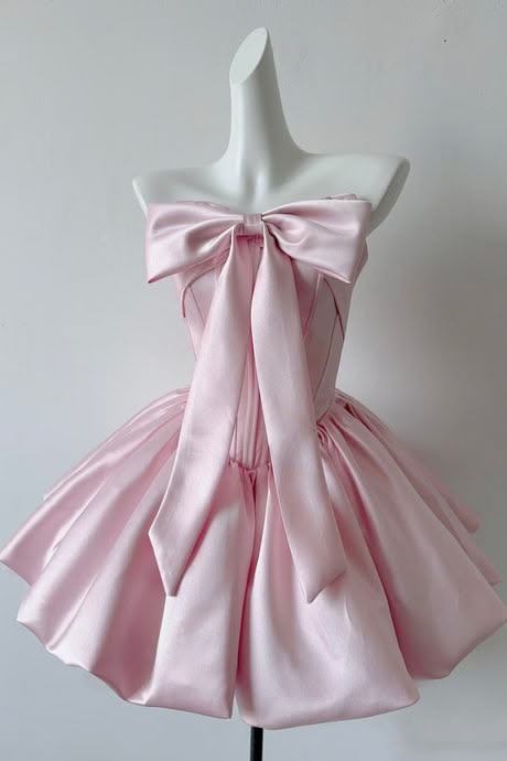 Coquette Pink Satin Strapless Homecoming Dress with Big Bow X001