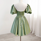 Retro Green Sweetheart Short-sleeved Lace-up Design A-line Satin Party Dress Homecoming Dress D1558