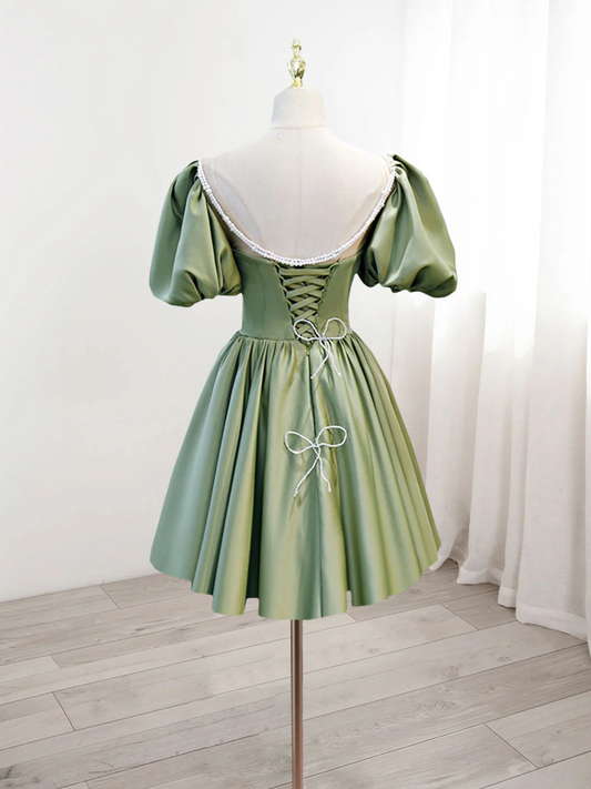 Retro Green Sweetheart Short-sleeved Lace-up Design A-line Satin Party Dress Homecoming Dress D1558