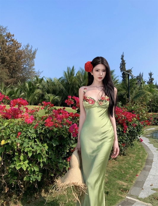 Vintage Green Floral Mermaid Spaghetti Strap Design Satin Prom Dress Evening Dress D1701