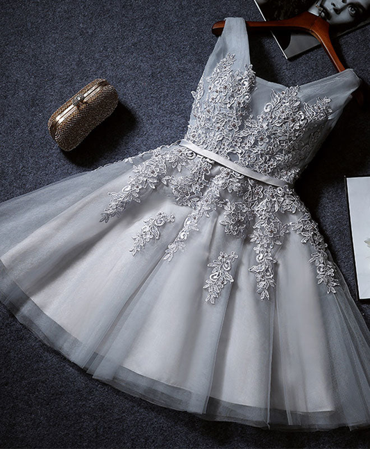 Vintage Gray Applique Design A-line Tulle Party Dress Homecoming Dress D1550