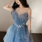 Vintage Blue Beaded Design Elegant A-Line Chiffon Tulle Evening Dress Prom Dress D1602
