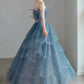 Vintage Blue Beaded Design Elegant A-Line Chiffon Tulle Evening Dress Prom Dress D1602