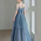 Vintage Blue Beaded Design Elegant A-Line Chiffon Tulle Evening Dress Prom Dress D1602
