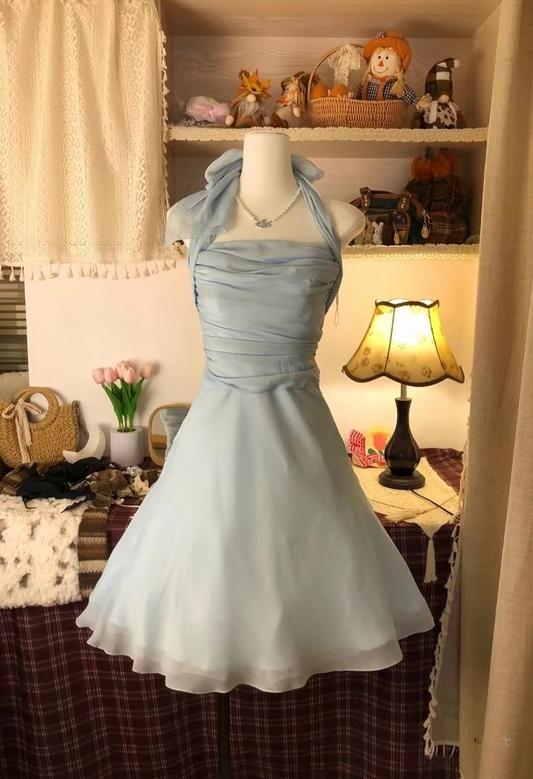 Light Blue Halter A-Line Chiffon Short Party Dresses Homecoming Dresses, D1314