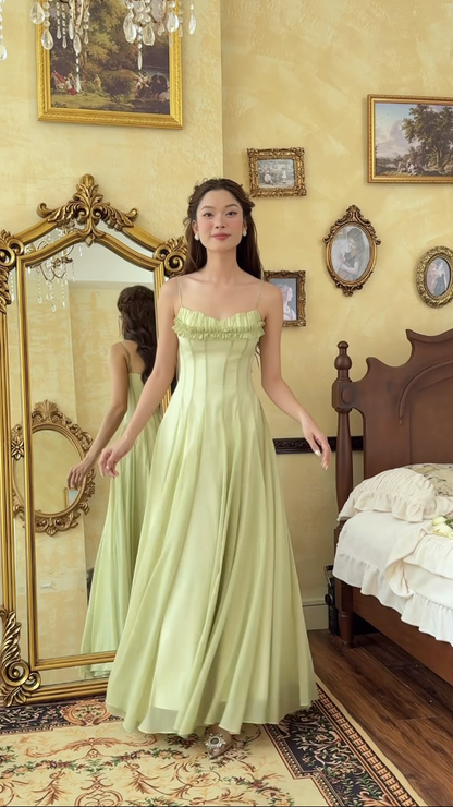 Light Green Spaghetti Straps A-Line Chiffon Long Prom Dress Birthday Dress, D742