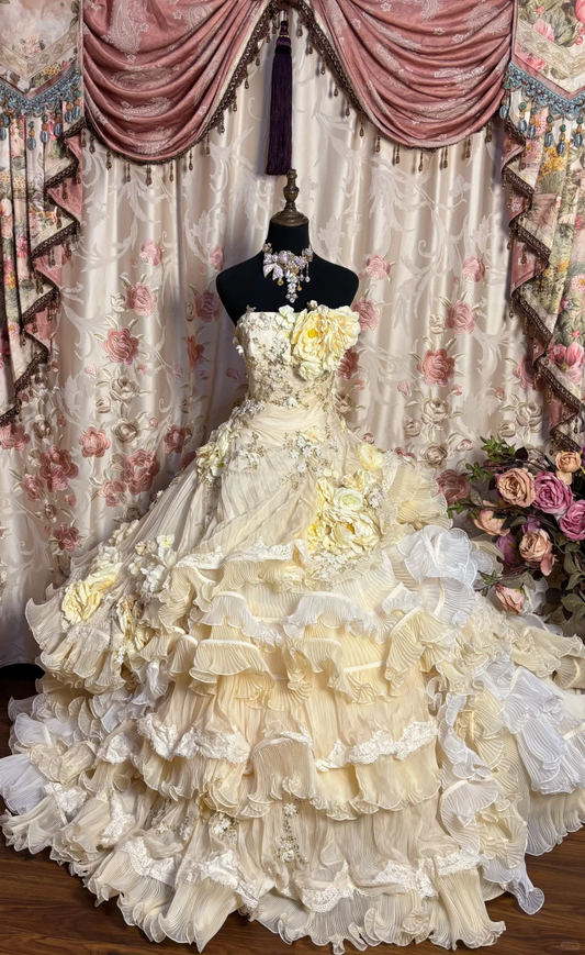 Ivory Strapless A-Line Appliques Ruffles Birthday Ball Gowns Formal Evening Gowns, D1119