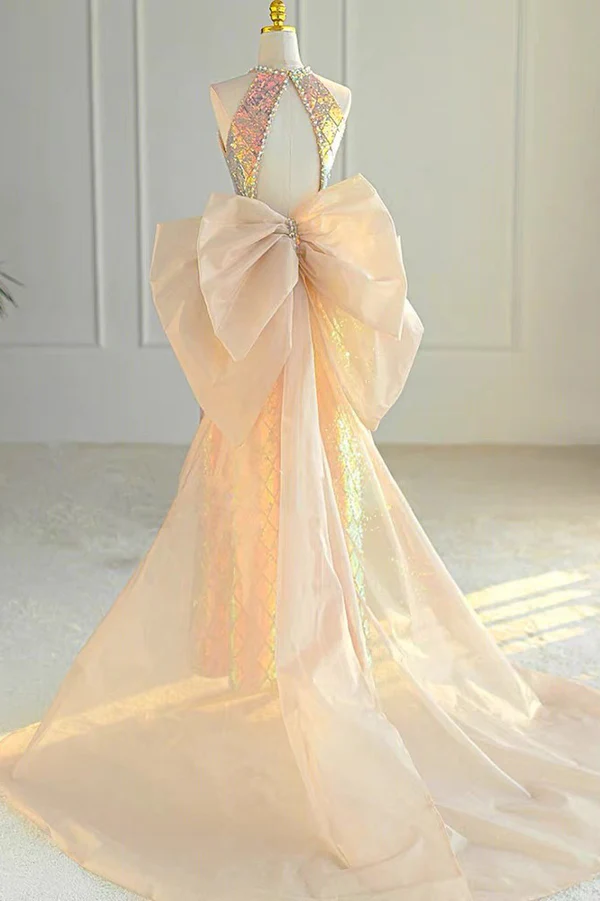 Unique Halter A Line Prom Dress, Open Back Evening Gown With Bowknot MD7226