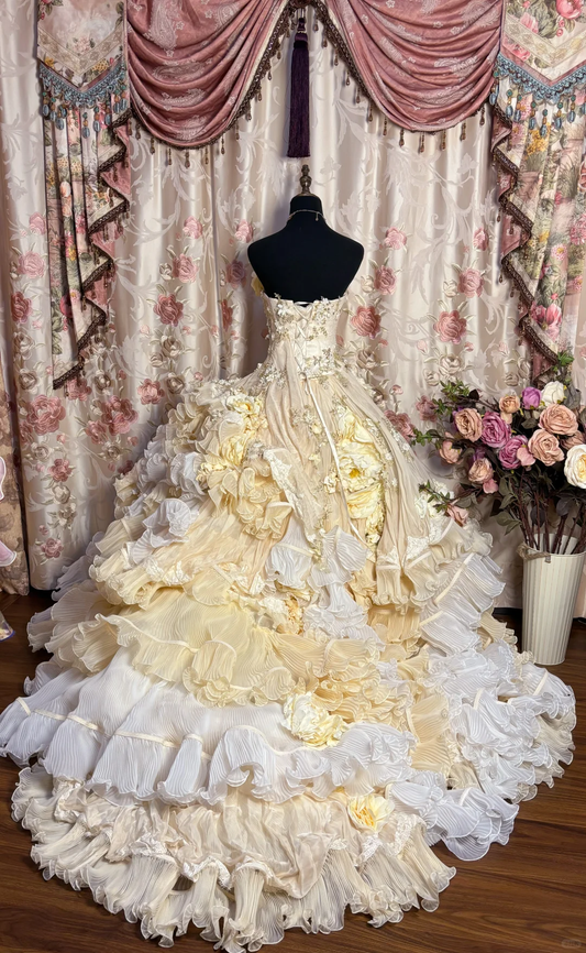 Ivory Strapless A-Line Appliques Ruffles Birthday Ball Gowns Formal Evening Gowns, D1119