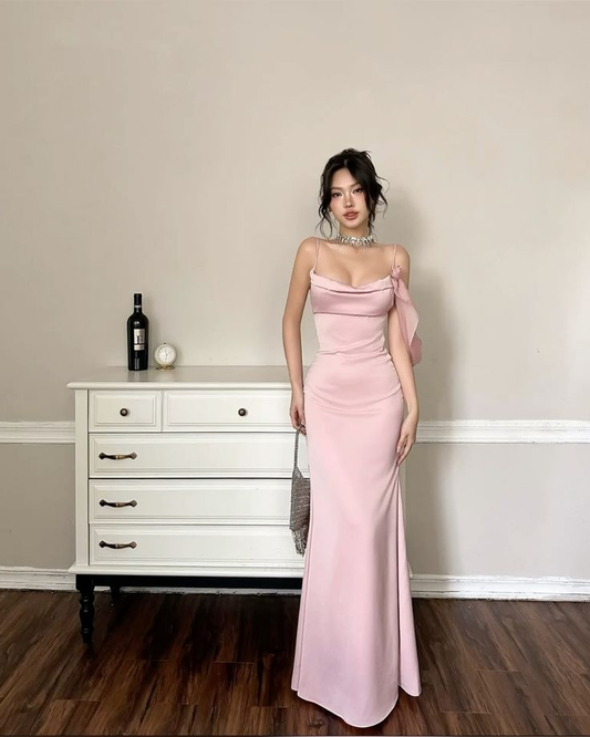 Elegant Pink Straps Mermaid Satin Long Party Dresses Wedding Guest Dresses, D1160