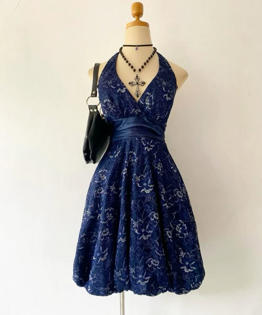 Navy Blue Halter A-Line Lace Midi Length Party Dresses Cocktail Dresses, D1221