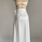 Robe de soirée longue blanche en satin à col croisé et dos nu, MD7887